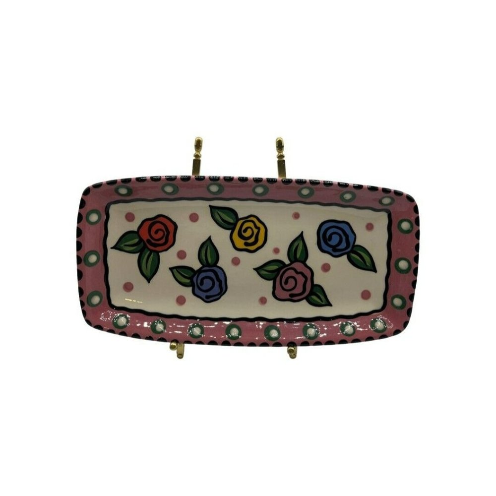 CHRIS BUBANY Hand Painted Art Pottery Ceramic Tray Tucson Arizona Floral 5.5x10”
